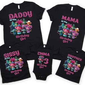 Trolls Birthday Girl Shirt, Family Matching Party Tee, Gift for Daughter, Pastel Trolls Outfit Custom Toddler Sweatshirt Kids Birthday Shirt