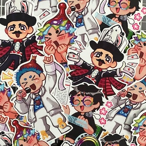 May include: A collection of colorful stickers featuring cartoon characters in various poses. The characters are dressed in magician-like outfits, some with playing cards, and others with microphones. The stickers have a playful and whimsical design.