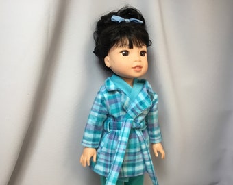 14.5 inch doll clothes, flannel jacket, knit pants, shirt, scarf and hair bow for dolls like wellie wishers