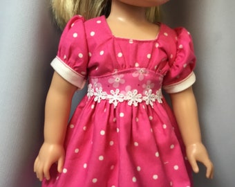 14.5 inch doll clothes, pink polka dot dress with panties and headband for dolls like wellie wishers
