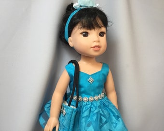 14.5 inch doll clothes, turquoise dress including petticoat, panties, purse and headband for dolls like wellie wishers