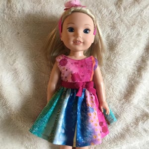 14.5 inch doll clothes multi colored dress with headband and panties for dolls like wellie wishers