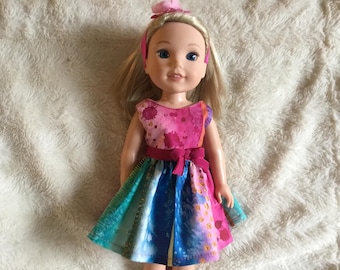 Ropa para muñecas de 14,5 pulgadas, vestido multicolor con diadema y bragas para muñecas como Wellie Wishers