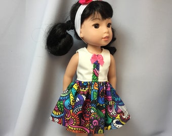 Ropa de muñeca de 14,5 pulgadas, vestido colorido de algodón con diadema para muñecas como Wellie Wishers