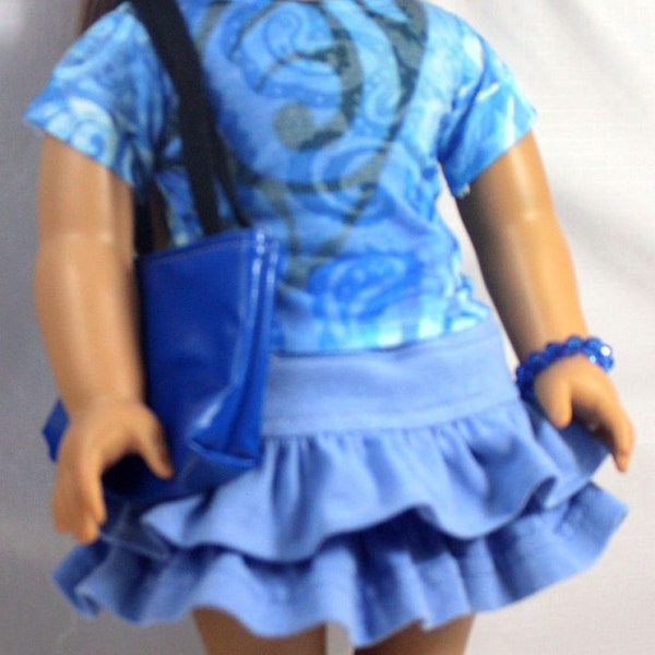 American Girl Doll Clothes-Ruffled Blue Skirt, T Shirt, Totebag and Bracelet