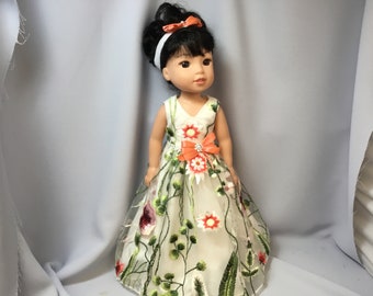 14.5 inch doll clothes, long embroidered ball gown with petticoat,panties and headband for dolls like wellie wishers