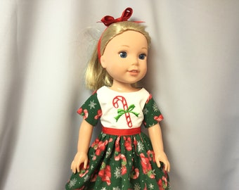 14.5 inch doll clothes Christmas dress with panties and headband for dolls like wellie wishers