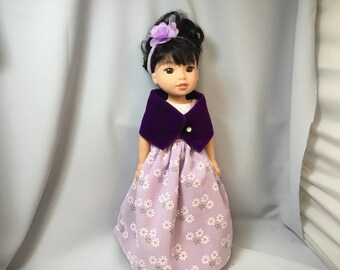 Ropa de muñeca de 14,5 pulgadas, vestido largo con flores de lavanda con enagua, bragas, diadema y envoltura para muñecas como las que desean botas de agua