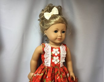 18 inch doll clothes, red strawberry dress with panties and hair bow to fit dolls like American girl