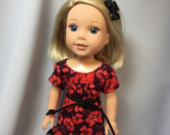 14.5 inch doll clothes, red flowered doll dress with panties and hair bow for dolls like wellie wishers