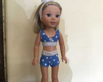 14.5 inch doll clothes, blue polka dot swim suit with headband for dolls like wellie wishers