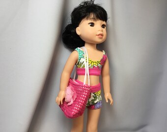 14.5 inch doll clothes, two piece swim suit with totebag and skirt or dolls like wellie wishers