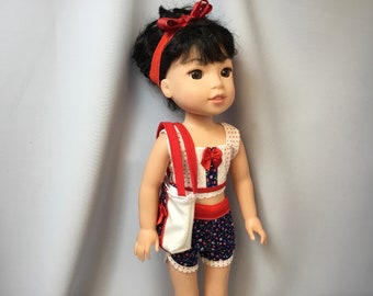 14.5 inch doll clothes, summer short set including shorts, top , headband and totebag