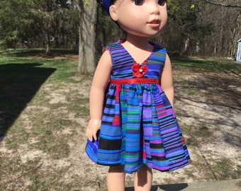 14.5 inch doll clothes, blue summer dress with panties and headband for dolls like wellie wishers