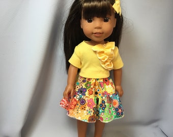 14.5 inch doll clothes, skirt set including skirt, shirt, panties and hair ribbon for dolls like wellie wishers