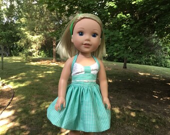 14.5 inch doll clothes, green gingham halter sundress with panties and headband for dolls like wellie wisher