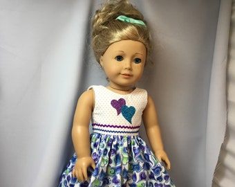 18 inch doll clothes, cotton heart dress with panties and hair bow for dolls like American girl