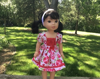 Ropa de muñeca de 14,5 pulgadas, vestido de verano de algodón floreado con bragas y diadema para muñecas como Wellie Wishers
