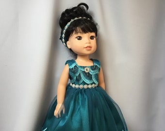 14.5 inch doll clothes, emerald green long gown with petticoat, wrap, panties and jewel headband for dolls like wellie wishers