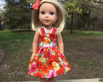 14.5 inch doll clothes, flowered sundress with panties and headband for dolls like wellie wishers