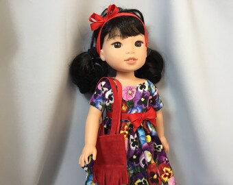 14.5 Inch Doll Clothes Pansy Spring Dress with Totebag and Headband for dolls like Wellie Wishers