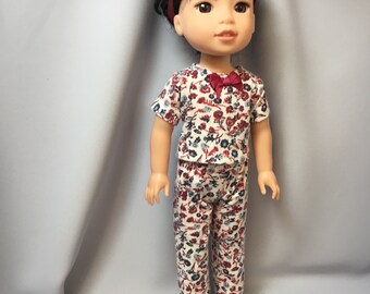 14.5 inch doll clothes, cotton knit flowered pajamas with headband for dolls like wellie wishers