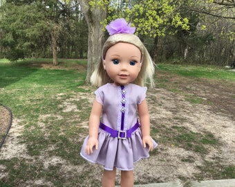 Ropa de muñeca de 14,5 pulgadas, vestido de lavanda de algodón con diadema para muñecas como los deseos de Wellie