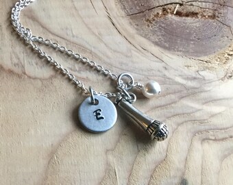 Microphone Charm Necklace -Microphone Charm with an an initial charm and accent bead in your choice of colors