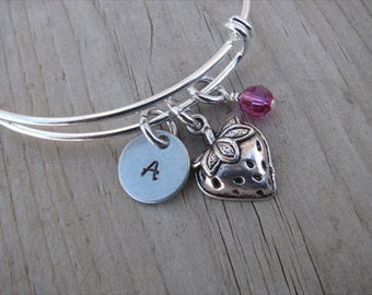 Strawberry Bangle Bracelet- Adjustable Bangle Bracelet with Hand-Stamped Initial, Strawberry Charm, and accent bead