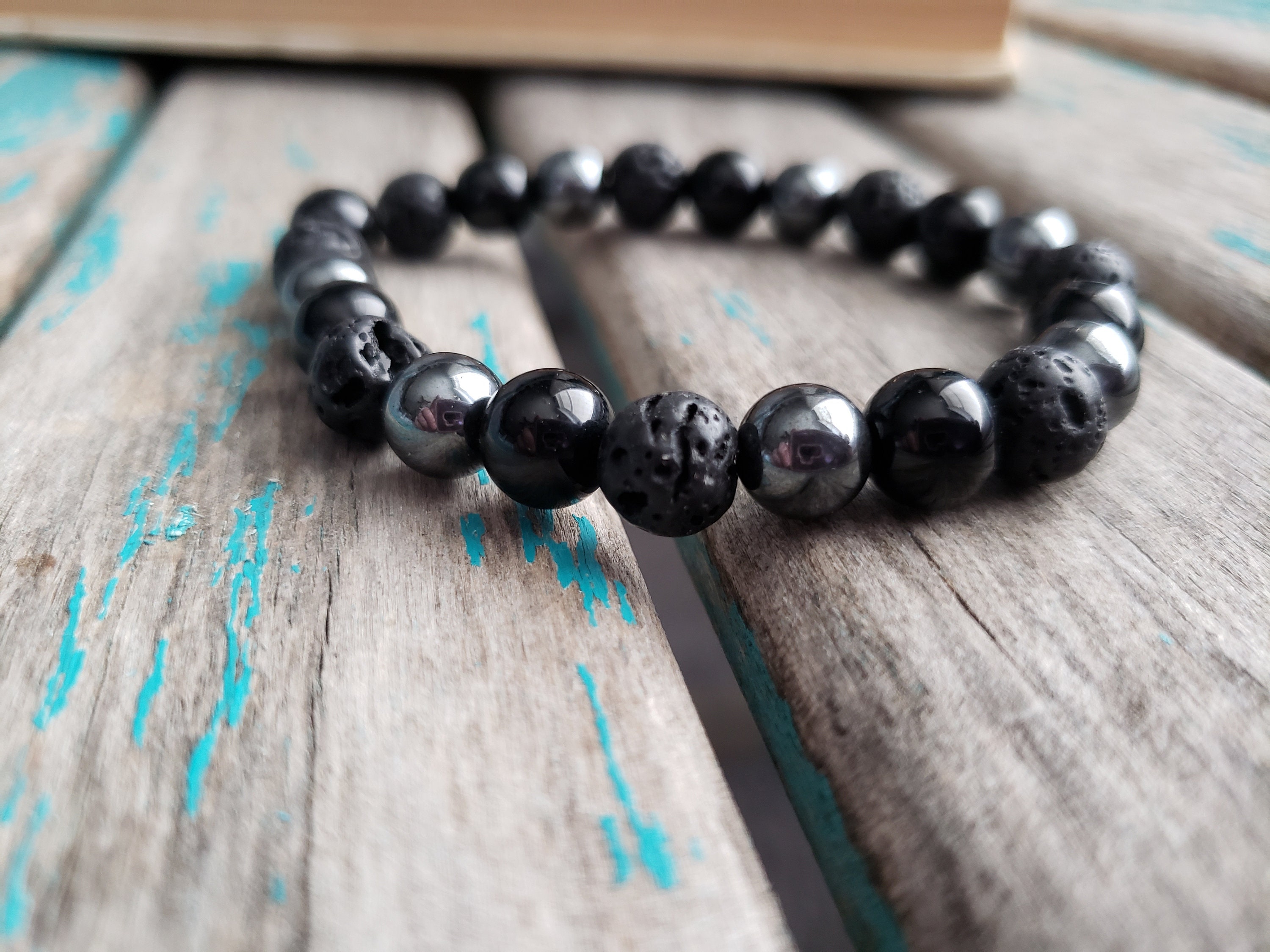 Stone Beaded Bracelet - Black Obsidian, Lava Beads, and Hemalyke 