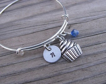 Cupcake Bracelet- Adjustable Bangle Bracelet with Hand-Stamped Initial, Cupcake, and an accent bead of choice