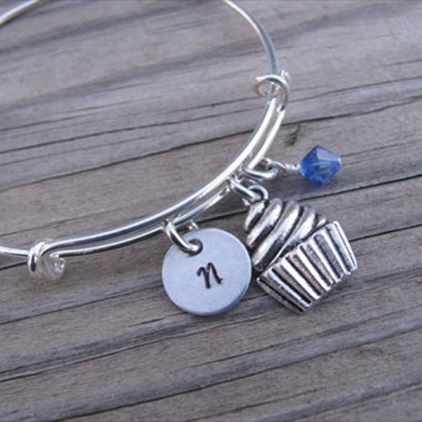 Cupcake Bracelet- Adjustable Bangle Bracelet with Hand-Stamped Initial, Cupcake, and an accent bead of choice