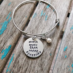 Inspirational Bangle Bracelet: &quot;Worth More Than Sparrows&quot; with Accent Bead