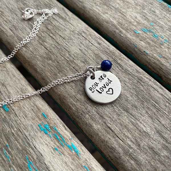 You Are Loved Necklace- "you are loved" with an accent bead in your choice of colors- Hand-Stamped Necklace