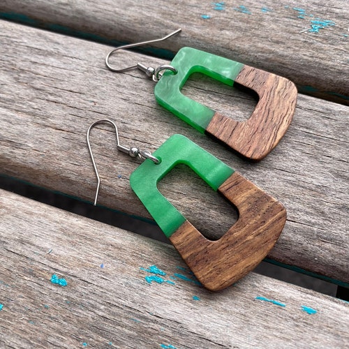 Long Wood and Green Acrylic Earrings Etsy