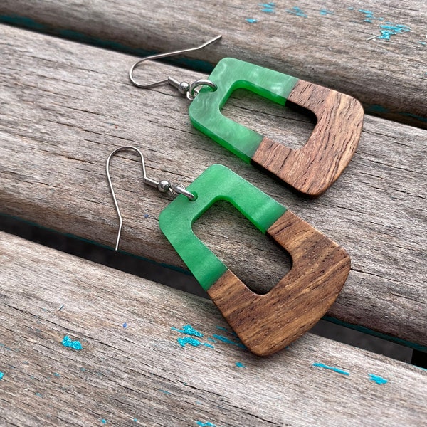 Wood and Marbled Green Acrylic Earrings-Trapezoid Shape