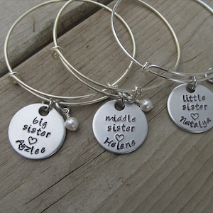 Personalized set of 3 Sisters Bracelets- 3 Bracelet Set- &quot;big sister&quot;, &quot;middle sister&quot;, &quot;little sister&quot; each with a name and accent bead