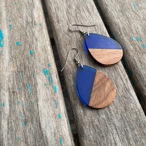 Teardrop Wood and Blue   Acrylic Earrings
