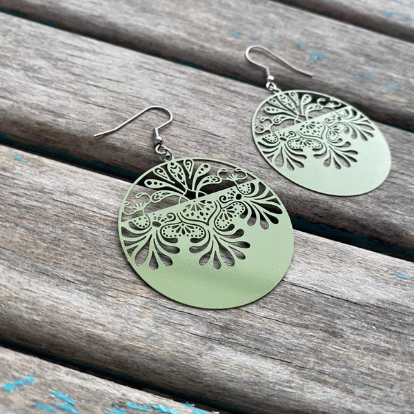 Mossy Green Drop Earrings - Trendy Earrings - Unique, and Lightweight Earrings- Circle-Style with Detailed Cutouts