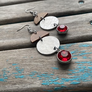 Wood, Textured Metal, and Red Dangle Earrings