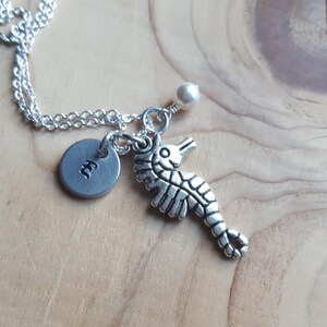 Seahorse Charm Necklace -Seahorse Charm with an an initial charm and accent bead in your choice of colors