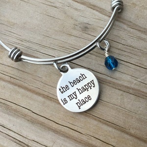 Beach Quote Charm Bracelet: Stainless Steel Bangle with Accent Bead