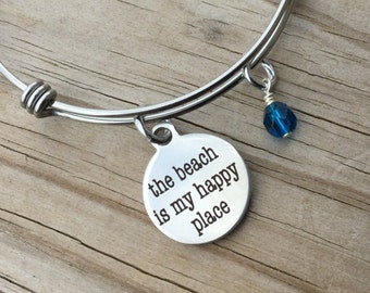 Beach Quote Charm Bracelet: Stainless Steel Bangle with Accent Bead