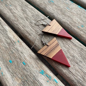Wood and Red, Triangle-Shaped Acrylic Earrings