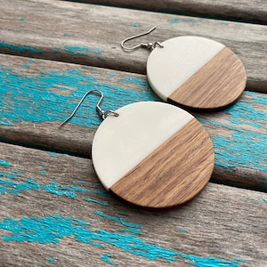 Wood, Creamy White Acrylic Earrings- Larger Style