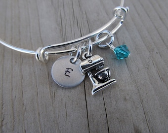 Baker or Chef Bangle Bracelet- Adjustable Bangle Bracelet with Hand-Stamped Initial, Kitchen Mixer Charm, and accent bead of your choice