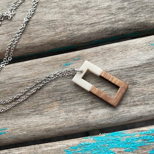 Open Rectangle Wood and White Pendant Necklace