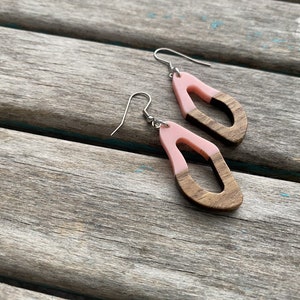 Wood and Pink Acrylic Earrings -Abstract Open Oval-Style