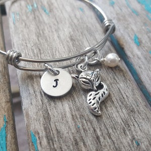 Personalized Fox Bangle Bracelet: Hand-Stamped Initial, Accent Bead