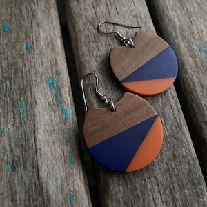 Wood, Deep Blue, and Orange Acrylic Earrings